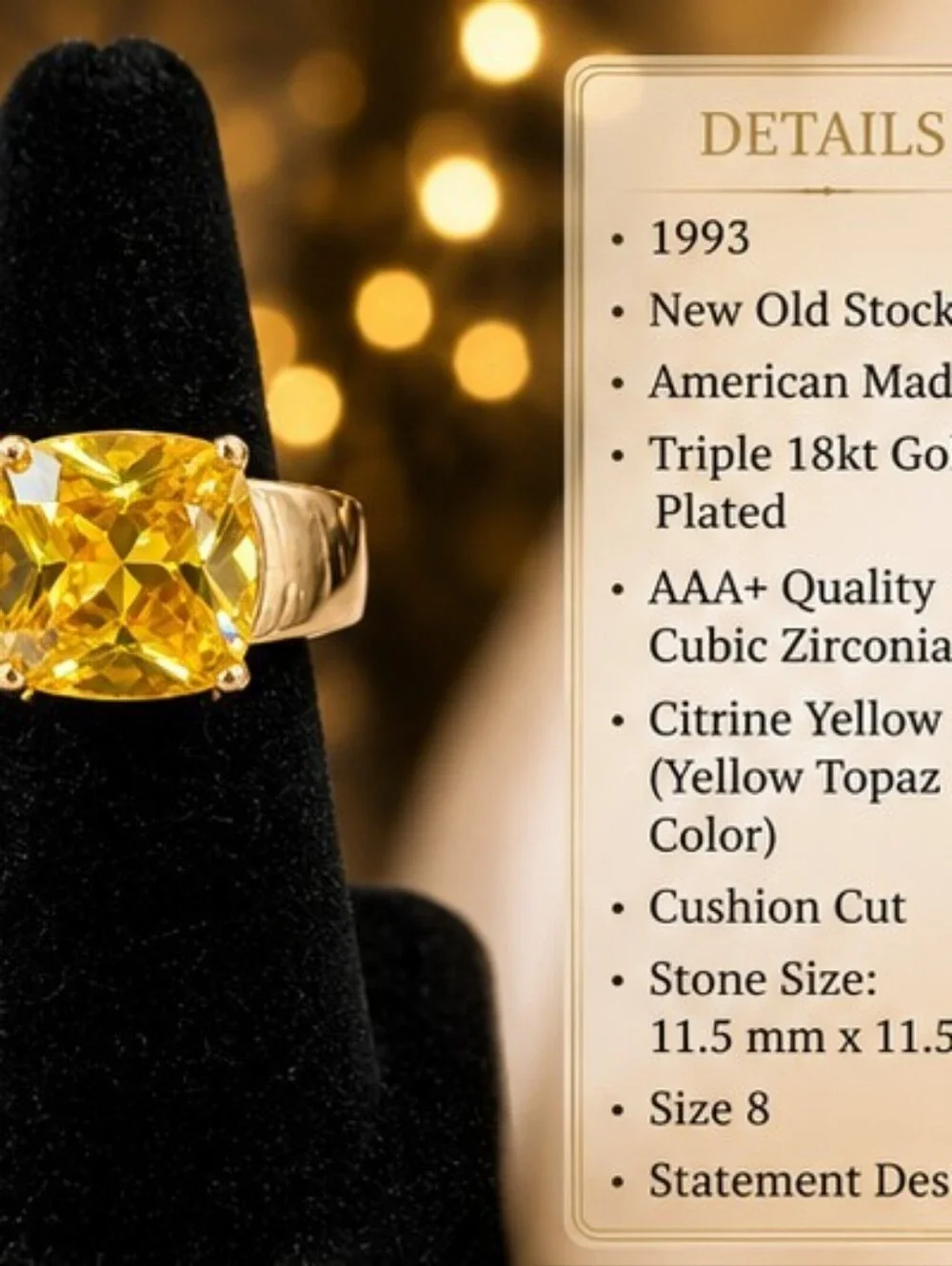 Vintage 1993 AAA+ Yellow CZ Cushion Cut 18K Gold Plated Ring Size 8 NOS
